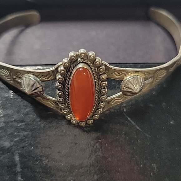 Sterling Silver Style Orange Oval Stone Cuff Bracelet - Picture 2 of 11